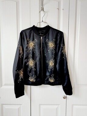Satin Black Bomber Jacket Gold Beaded Stars Medium Endless Rose Glam Celestial‎